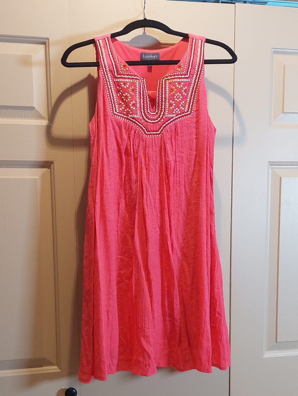Luxology Coral Pink Embroidered Sleeveless Dress